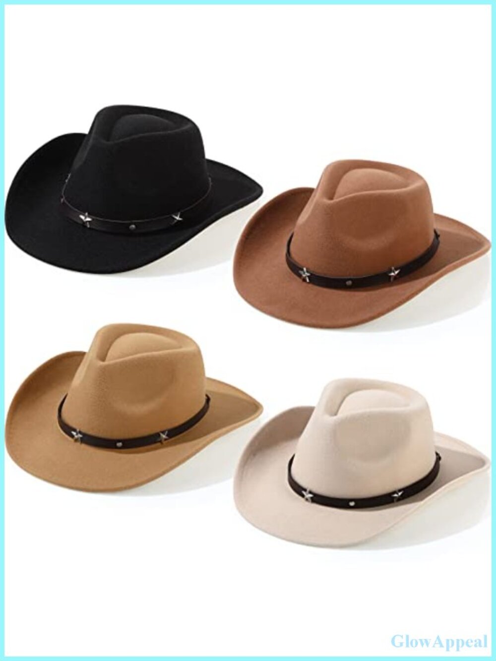 4 Pack Western Cowboy Hats Felt Polyester Cotton Adult Unisex Curly Brim